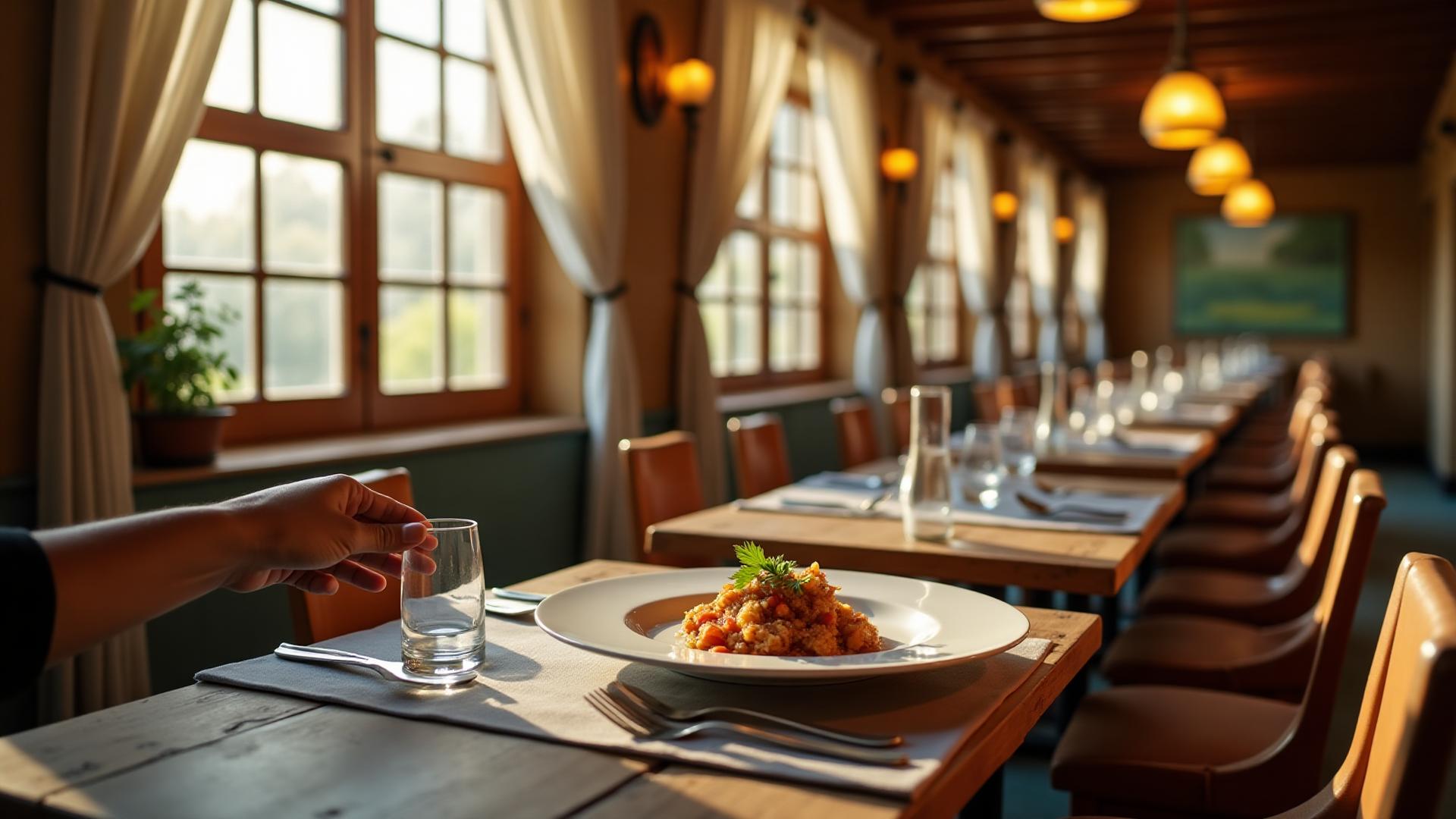 Mediterranean restaurant interior with gourmet dish